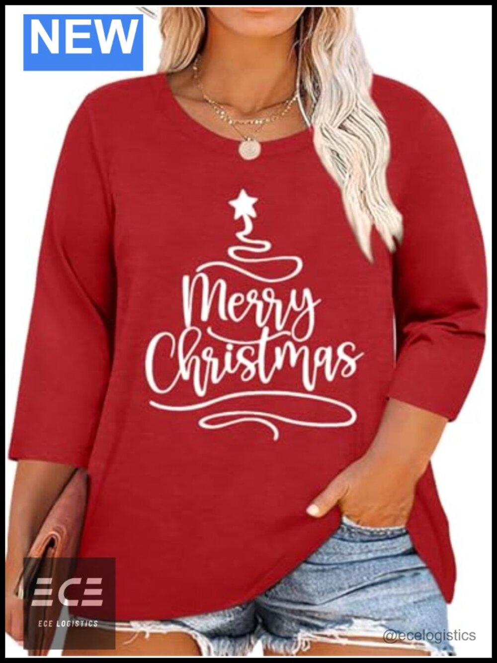 Plus Size Christmas T-Shirt 3/4 Sleeve Crew Neck Pullover Holiday Winter Top